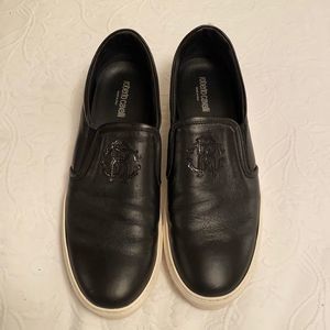 Roberto Cavalli black leather slip on sneakers with white sole